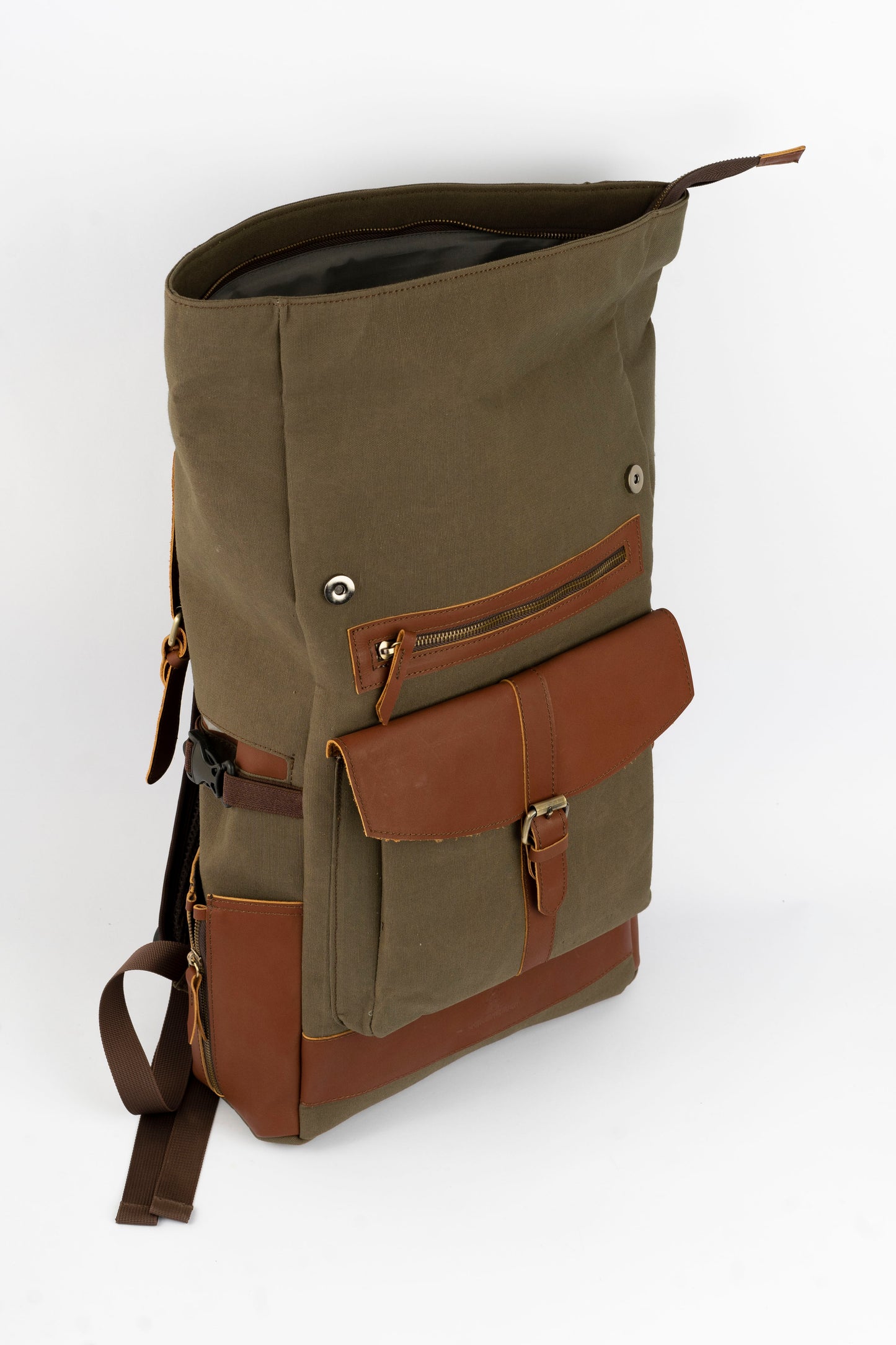 Rolltop vintage backpack''100% Cotton canvas & Cow leather'' – army brown