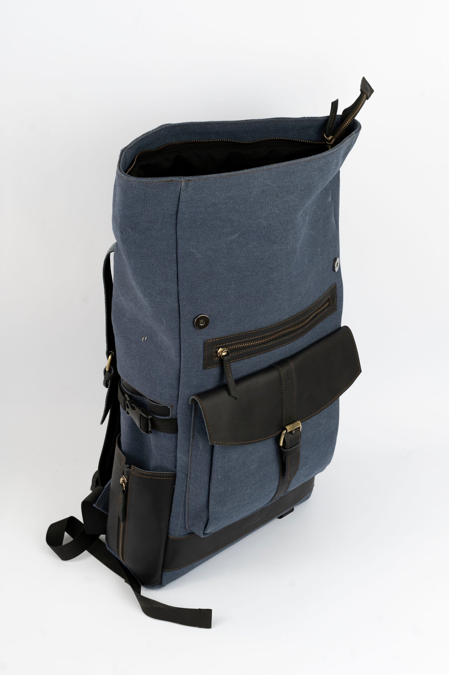 Rolltop vintage backpack''100% Cotton canvas & Cow leather'' – Navy Blue