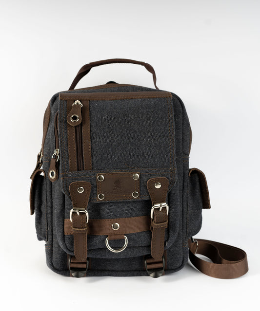 Vintage Canvas Men's Crossbody Sling Backpack ''100% Cotton canvas & Cow leather'' – Black