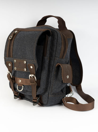 Vintage Canvas Men's Crossbody Sling Backpack ''100% Cotton canvas & Cow leather'' – Black