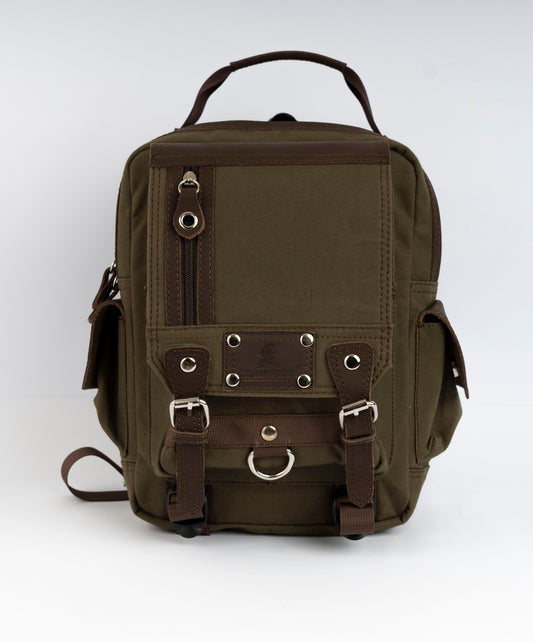 Vintage Canvas Men's Crossbody Sling Backpack ''100% Cotton canvas & Cow leather'' - Army
