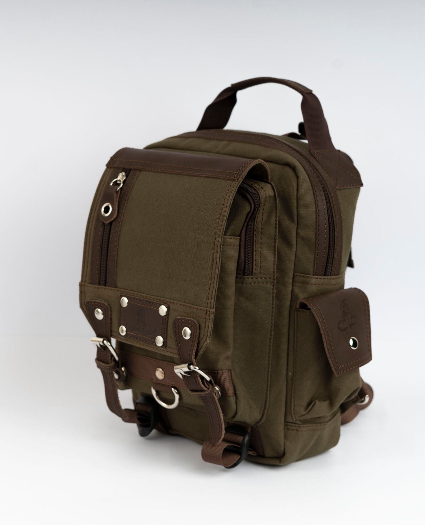 Vintage Canvas Men's Crossbody Sling Backpack ''100% Cotton canvas & Cow leather'' - Army