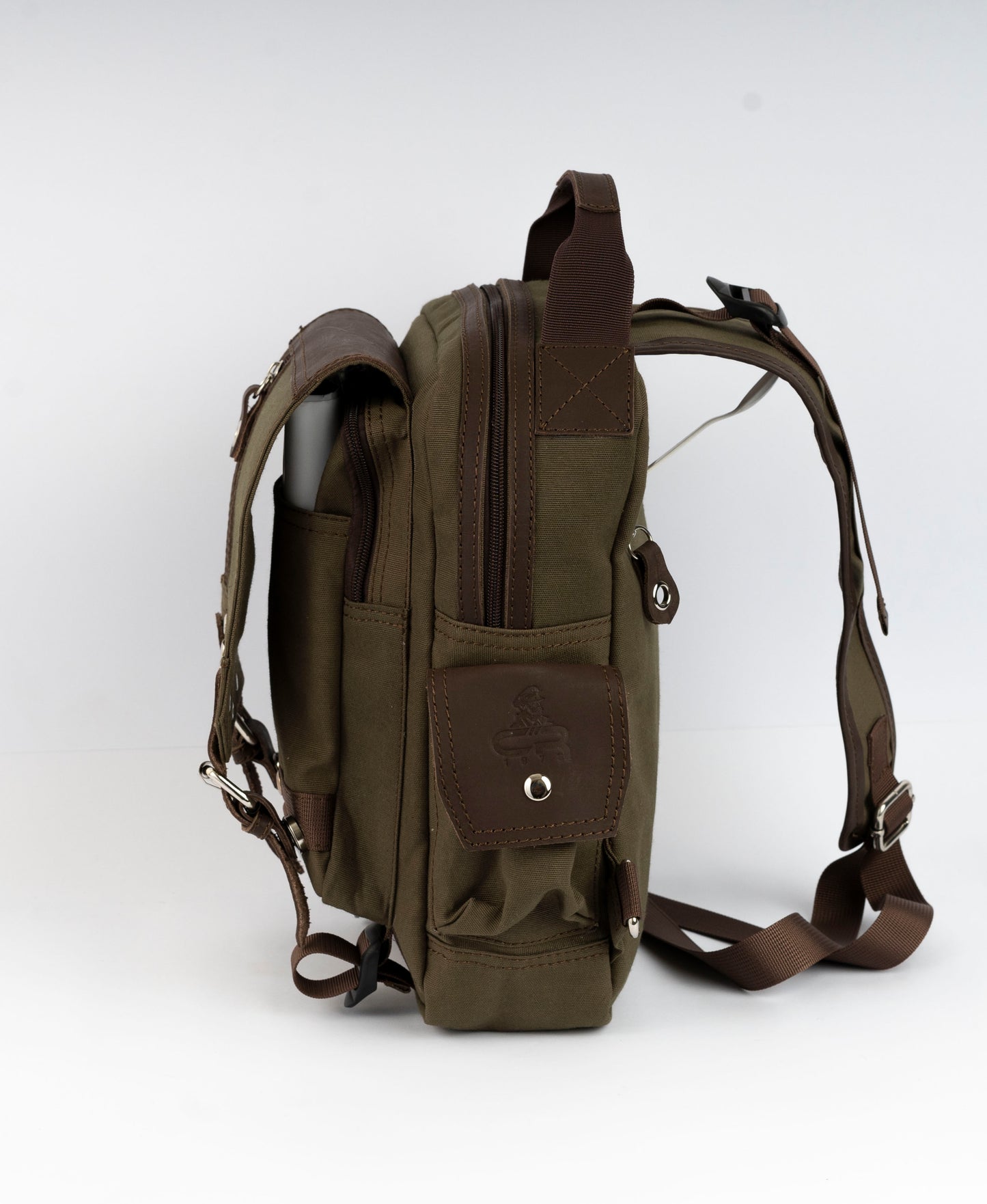 Vintage Canvas Men's Crossbody Sling Backpack ''100% Cotton canvas & Cow leather'' - Army