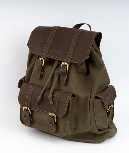 Vintage Dual-Pocket Explorer Backpack ''100% Cotton canvas & Cow leather'' – Brown