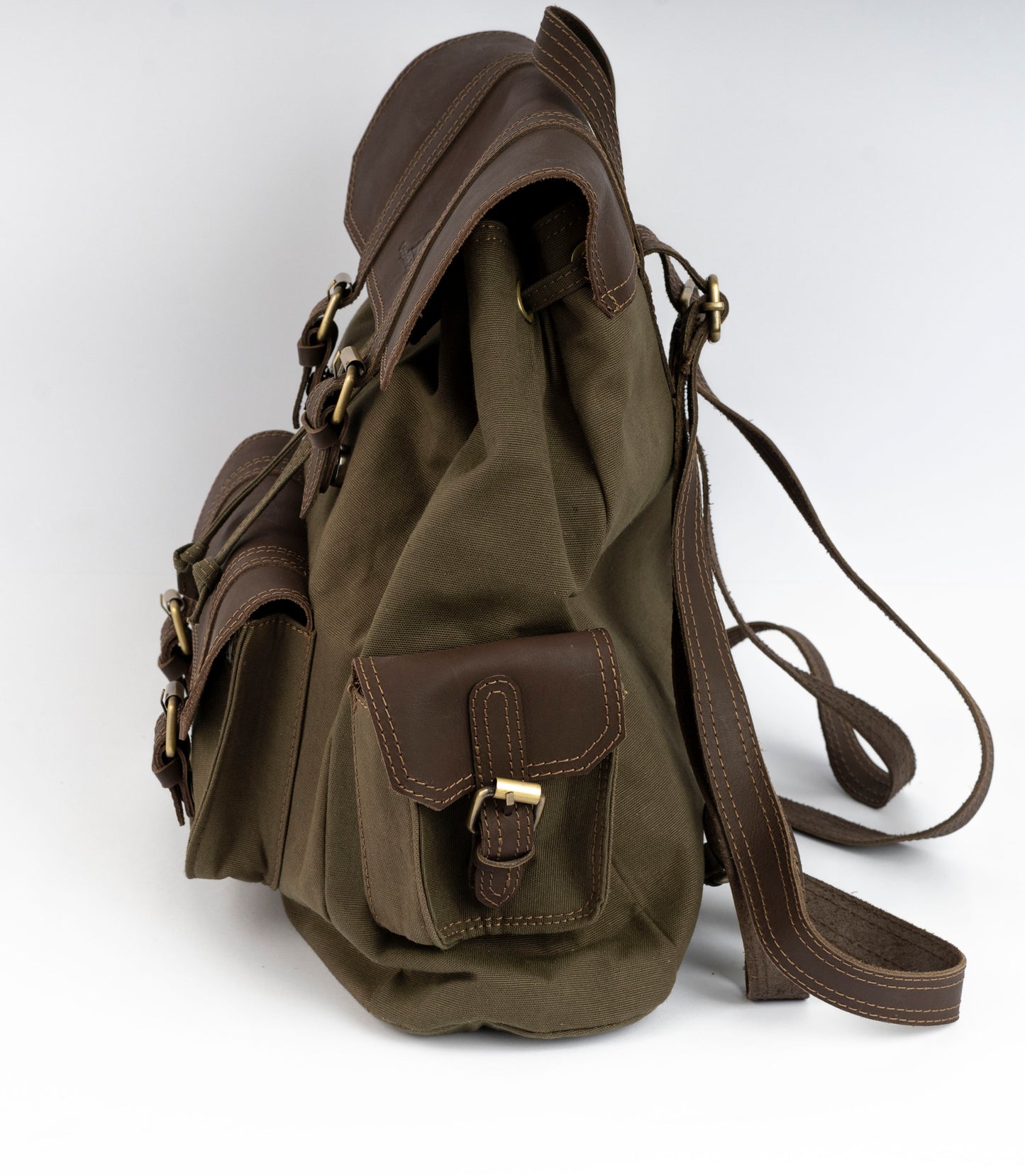 Vintage Dual-Pocket Explorer Backpack ''100% Cotton canvas & Cow leather'' – Brown