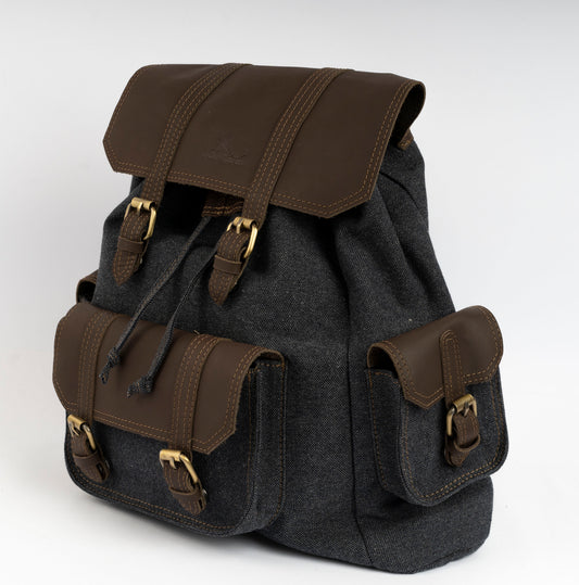 Vintage Dual-Pocket Explorer Backpack ''100% Cotton canvas & Cow leather'' – Gray