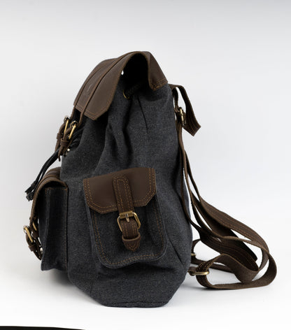 Vintage Dual-Pocket Explorer Backpack ''100% Cotton canvas & Cow leather'' – Gray