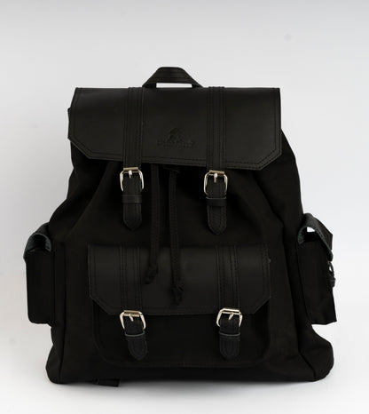 Vintage Dual-Pocket Explorer Backpack ''100% Cotton canvas & Cow leather'' – Black