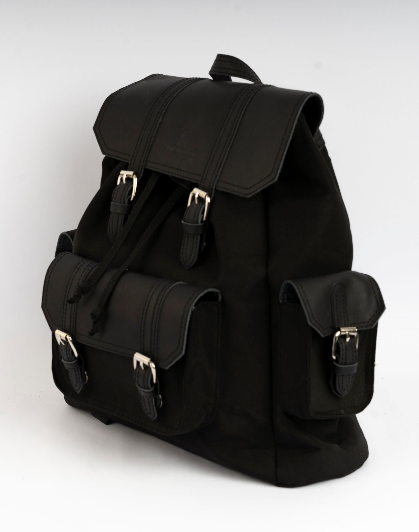 Vintage Dual-Pocket Explorer Backpack ''100% Cotton canvas & Cow leather'' – Black