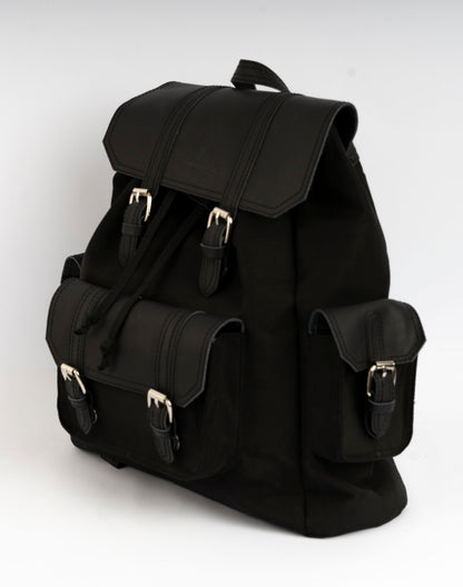 Vintage Dual-Pocket Explorer Backpack ''100% Cotton canvas & Cow leather'' – Black