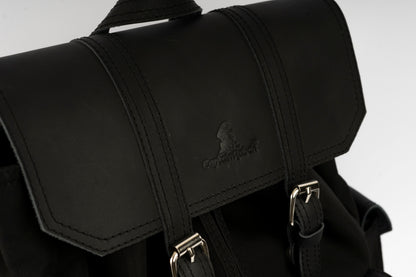 Vintage Dual-Pocket Explorer Backpack ''100% Cotton canvas & Cow leather'' – Black