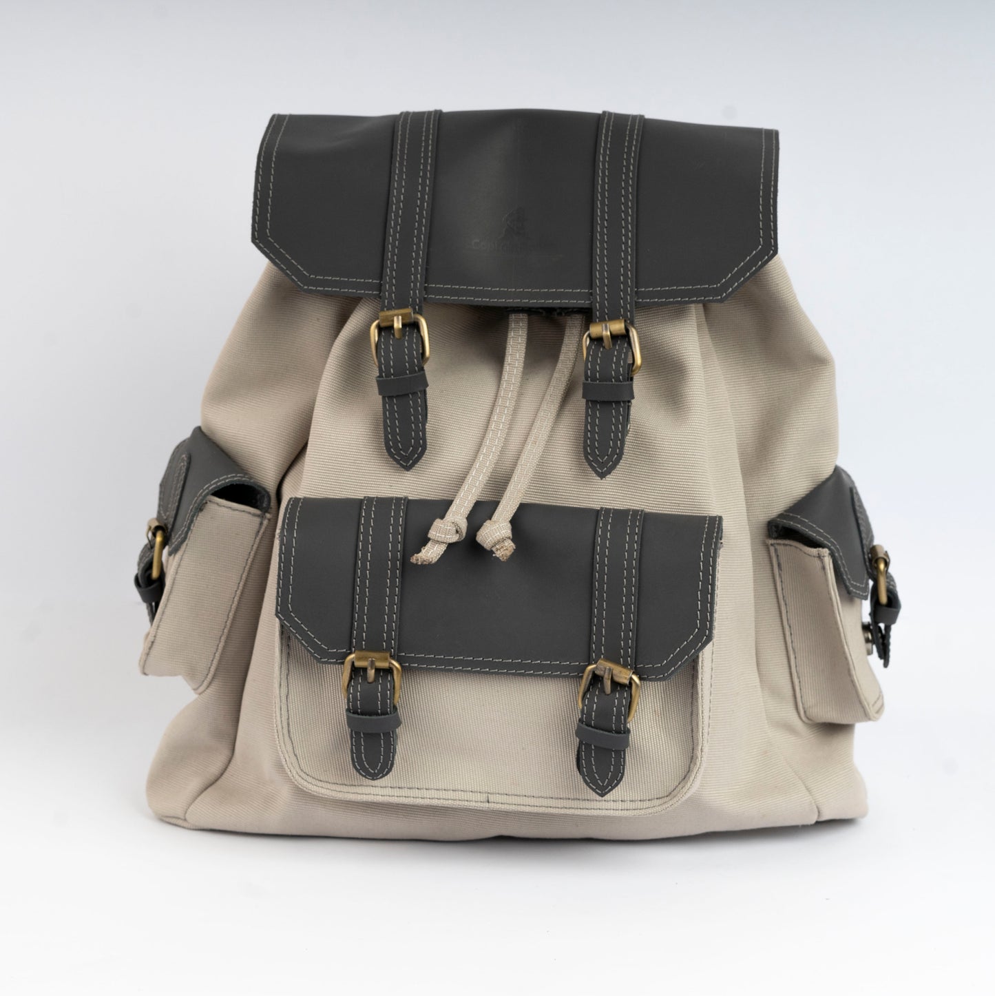 Vintage Dual-Pocket Explorer Backpack ''100% Cotton canvas & Cow leather'' – Biege