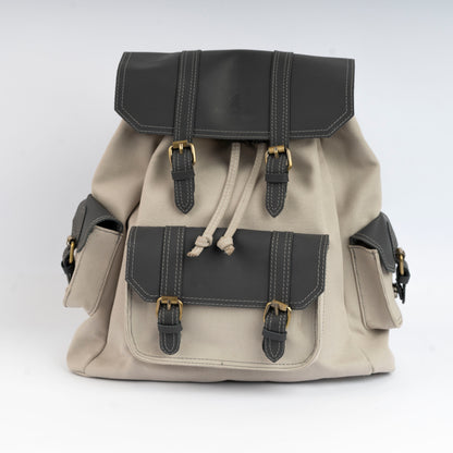 Vintage Dual-Pocket Explorer Backpack ''100% Cotton canvas & Cow leather'' – Biege