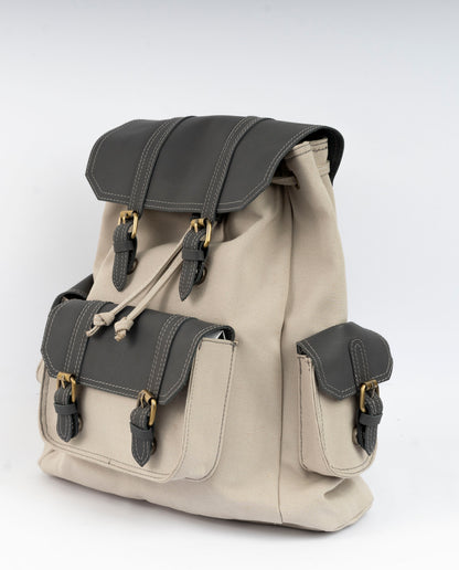 Vintage Dual-Pocket Explorer Backpack ''100% Cotton canvas & Cow leather'' – Biege