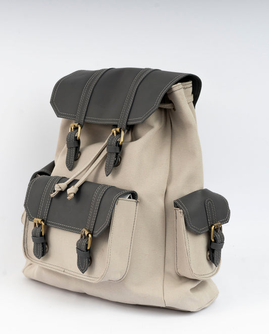 Vintage Dual-Pocket Explorer Backpack ''100% Cotton canvas & Cow leather'' – Biege