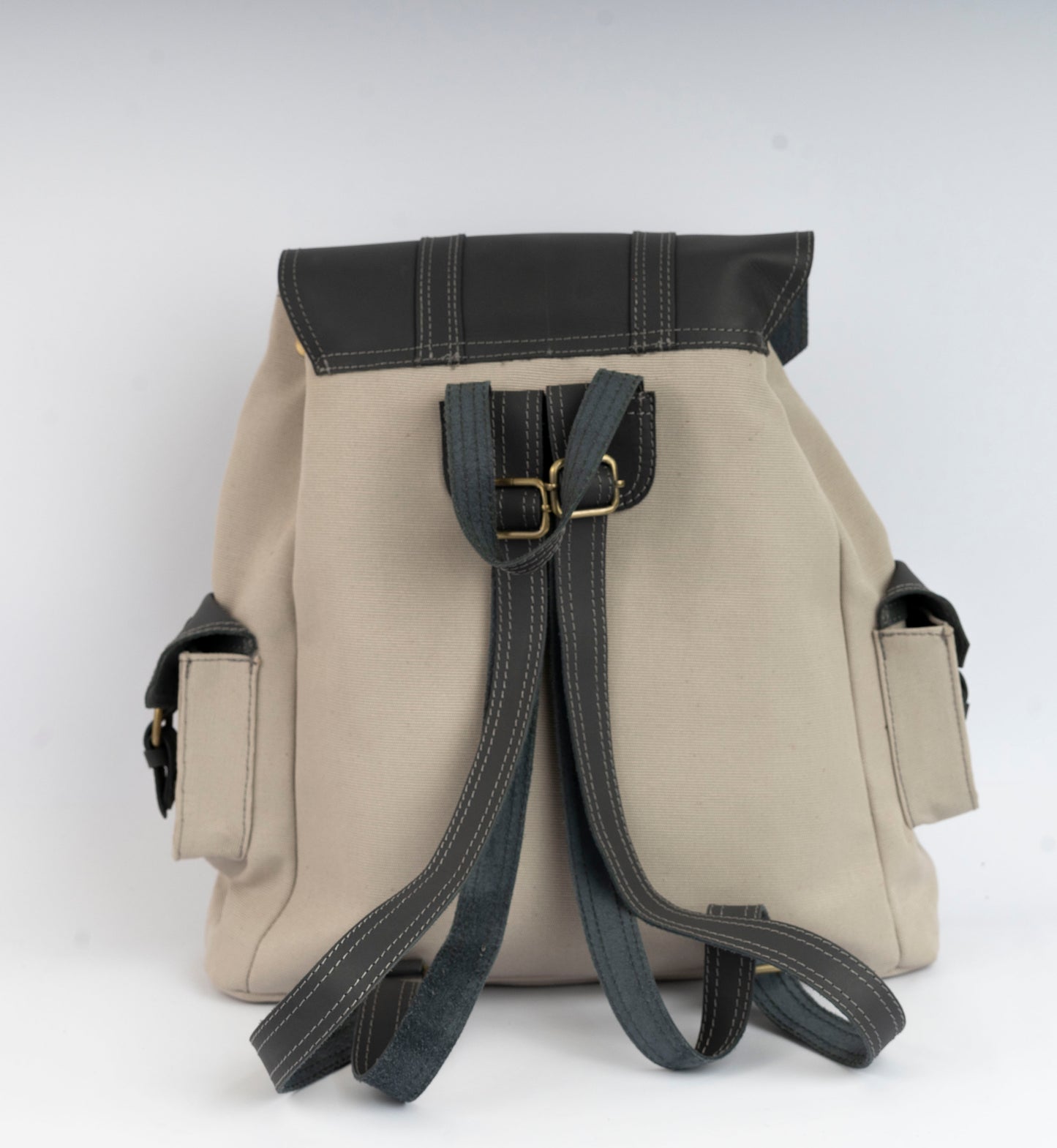 Vintage Dual-Pocket Explorer Backpack ''100% Cotton canvas & Cow leather'' – Biege