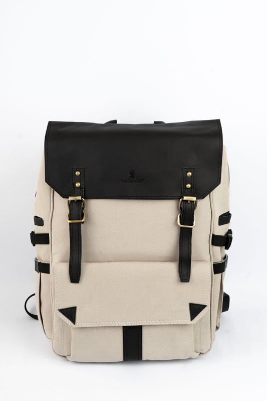 Daily Vintage Backpack ''100% Cotton canvas & Cow leather'' – Biege