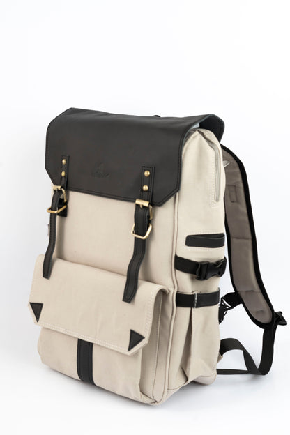 Daily Vintage Backpack ''100% Cotton canvas & Cow leather'' – Biege