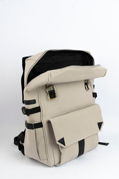 Daily Vintage Backpack ''100% Cotton canvas & Cow leather'' – Biege