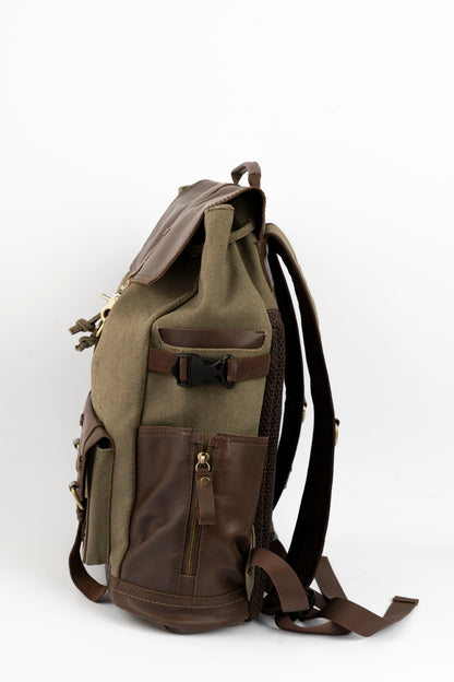 Captain Rabeh hook Backpack ''100% Cotton canvas & Cow leather''- Army Brown
