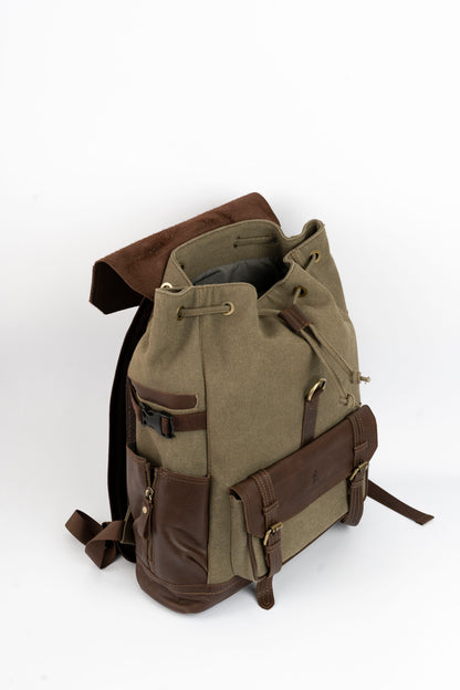 Captain Rabeh hook Backpack ''100% Cotton canvas & Cow leather''- Army Brown
