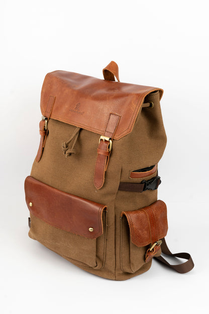 Daily Vintage Backpack ''100% Cotton canvas & Cow leather'' – Havana Brown