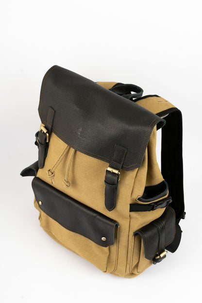 Daily Vintage Backpack ''100% Cotton canvas & Cow leather'' – Biege Black