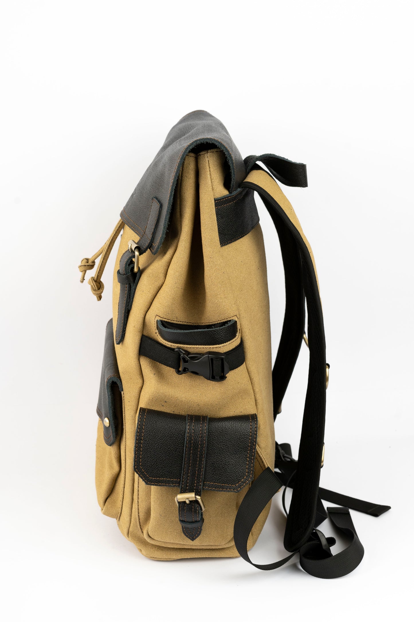 Daily Vintage Backpack ''100% Cotton canvas & Cow leather'' – Biege Black