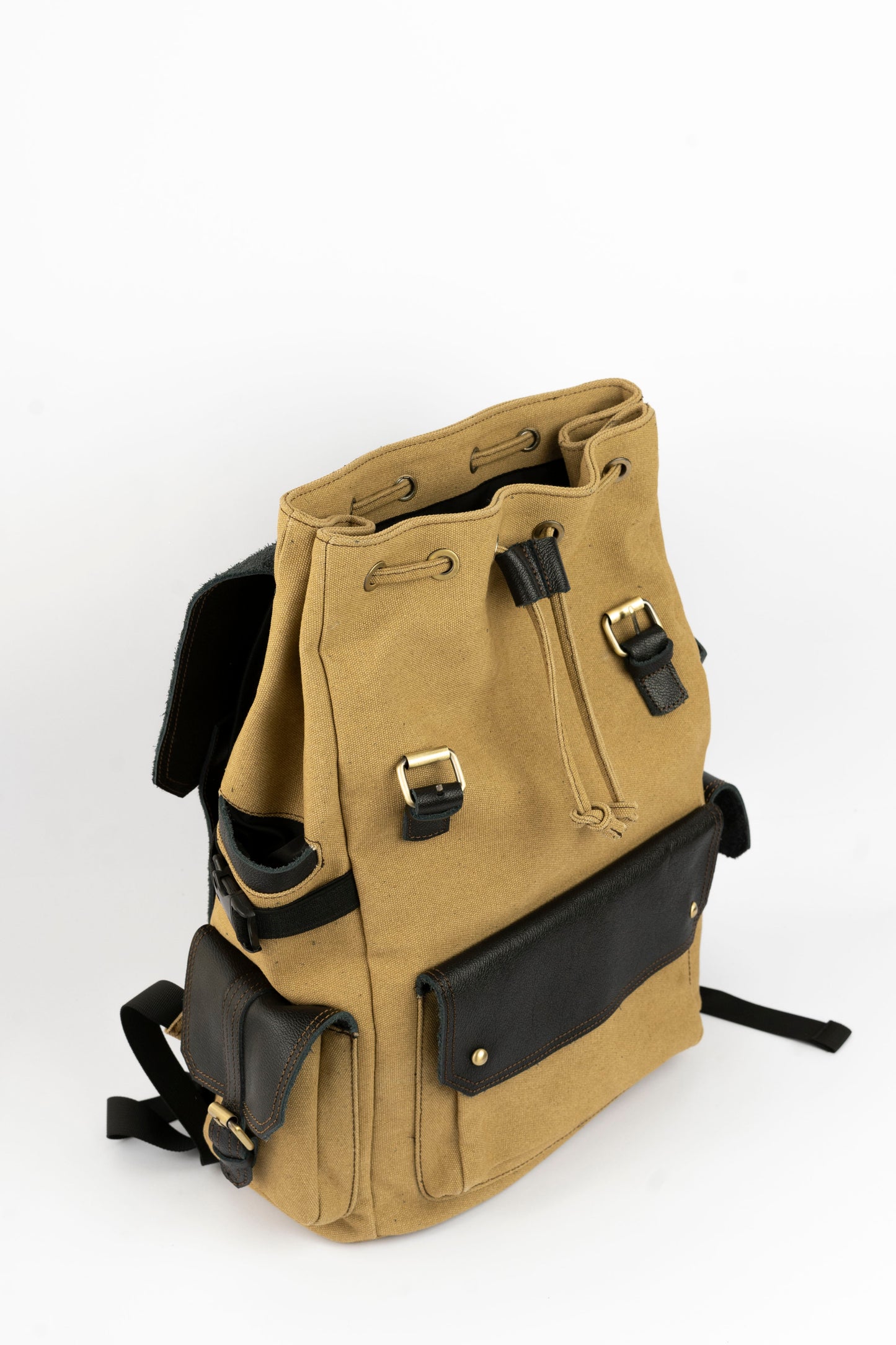 Daily Vintage Backpack ''100% Cotton canvas & Cow leather'' – Biege Black