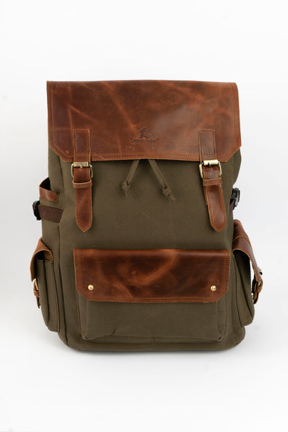 Daily Vintage Backpack ''100% Cotton canvas & Cow leather'' – Olive Brown