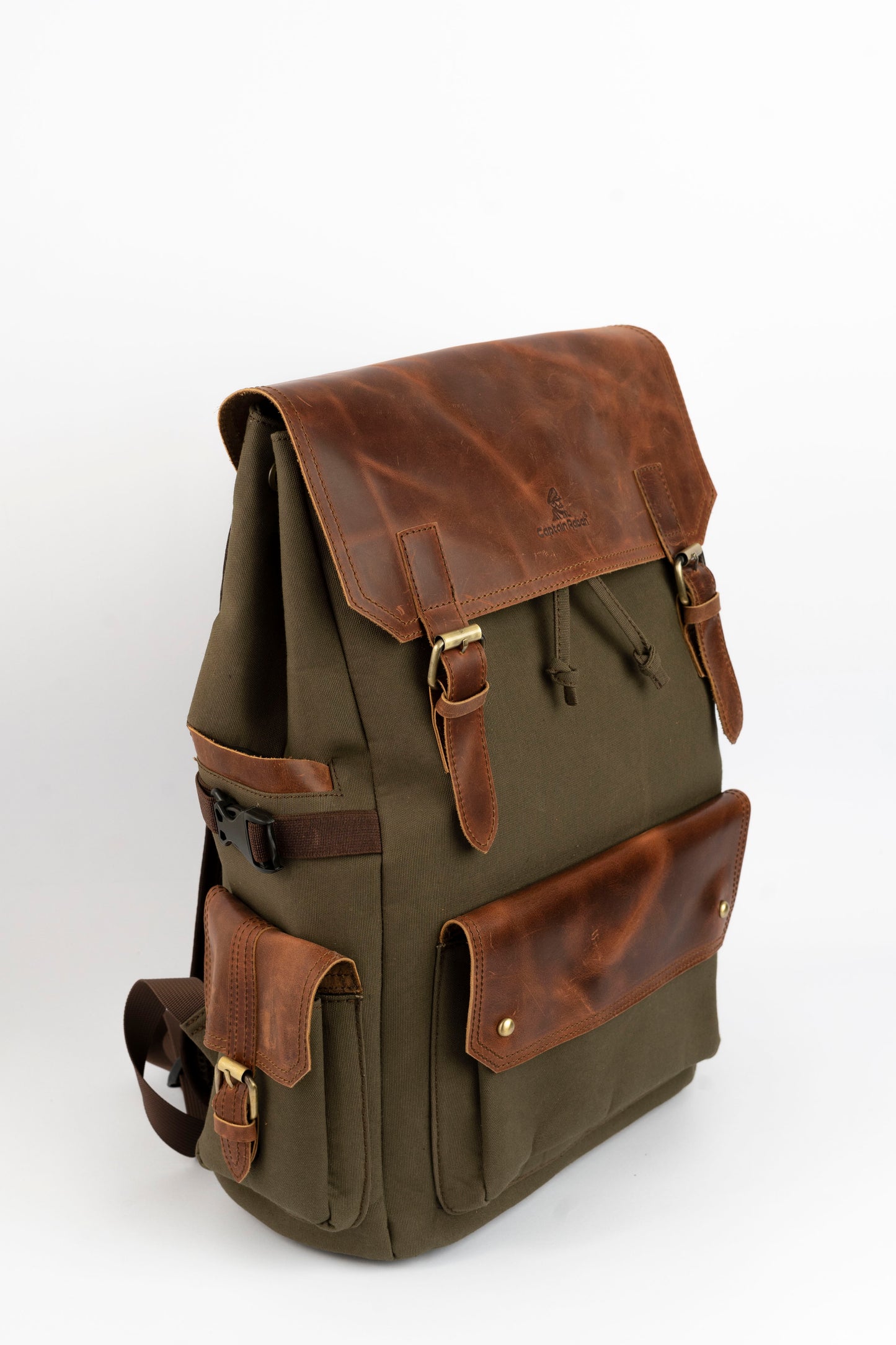 Daily Vintage Backpack ''100% Cotton canvas & Cow leather'' – Olive Brown