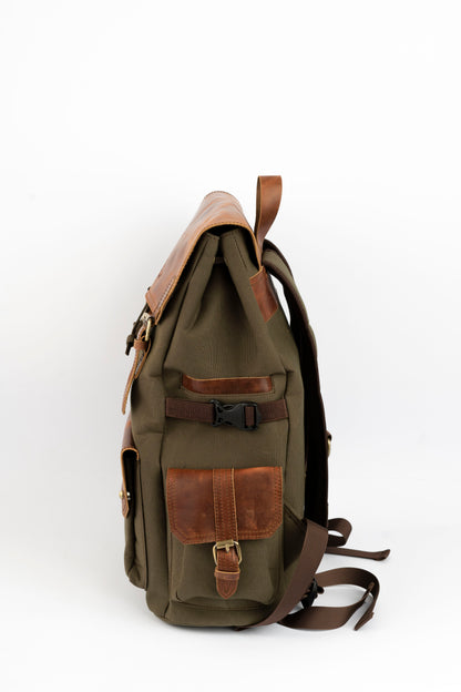 Daily Vintage Backpack ''100% Cotton canvas & Cow leather'' – Olive Brown