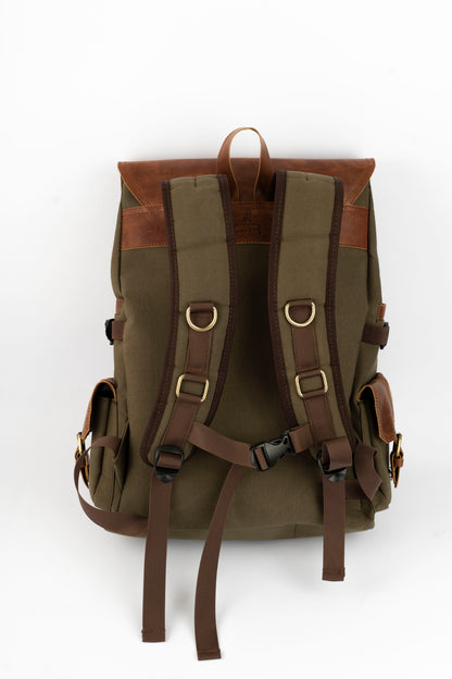 Daily Vintage Backpack ''100% Cotton canvas & Cow leather'' – Olive Brown