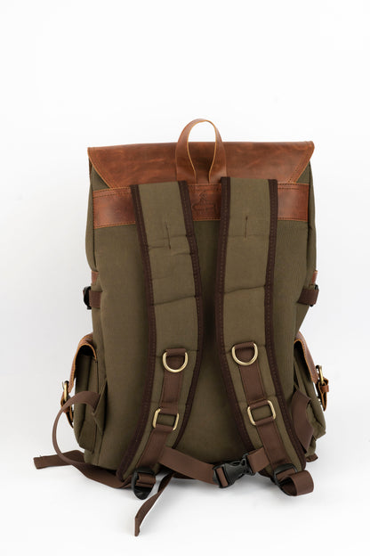 Daily Vintage Backpack ''100% Cotton canvas & Cow leather'' – Olive Brown
