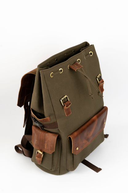 Daily Vintage Backpack ''100% Cotton canvas & Cow leather'' – Olive Brown