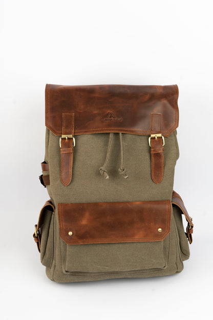 Daily Vintage Backpack ''100% Cotton canvas & Cow leather'' – Army Brown