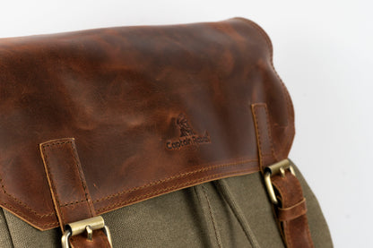 Daily Vintage Backpack ''100% Cotton canvas & Cow leather'' – Army Brown