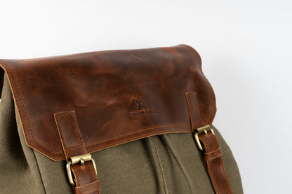 Daily Vintage Backpack ''100% Cotton canvas & Cow leather'' – Army Brown