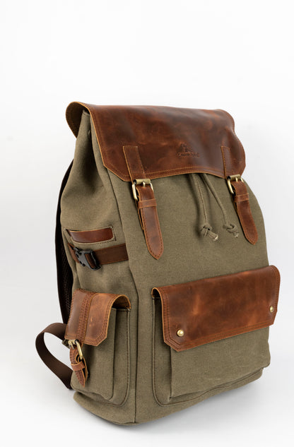 Daily Vintage Backpack ''100% Cotton canvas & Cow leather'' – Army Brown
