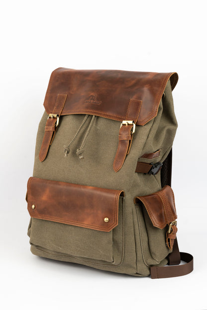 Daily Vintage Backpack ''100% Cotton canvas & Cow leather'' – Army Brown