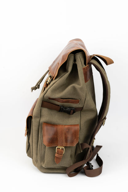 Daily Vintage Backpack ''100% Cotton canvas & Cow leather'' – Army Brown