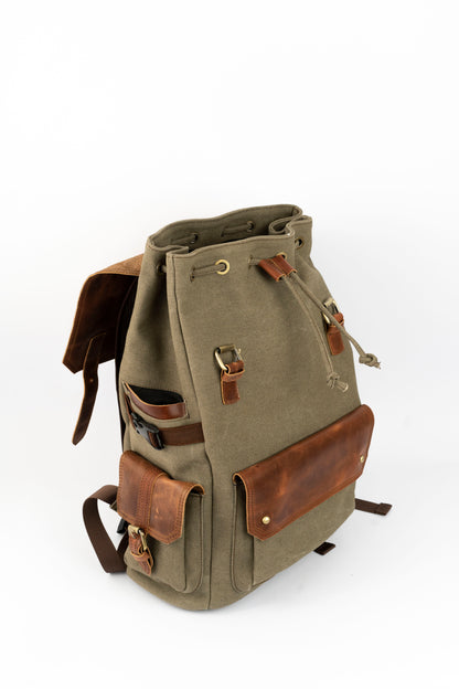 Daily Vintage Backpack ''100% Cotton canvas & Cow leather'' – Army Brown
