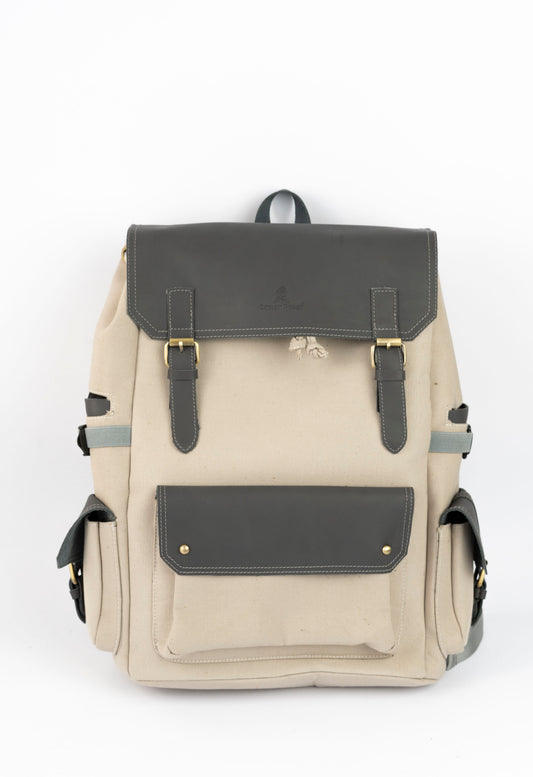 Daily Vintage Backpack ''100% Cotton canvas & Cow leather'' – White