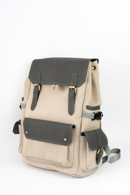 Daily Vintage Backpack ''100% Cotton canvas & Cow leather'' – White