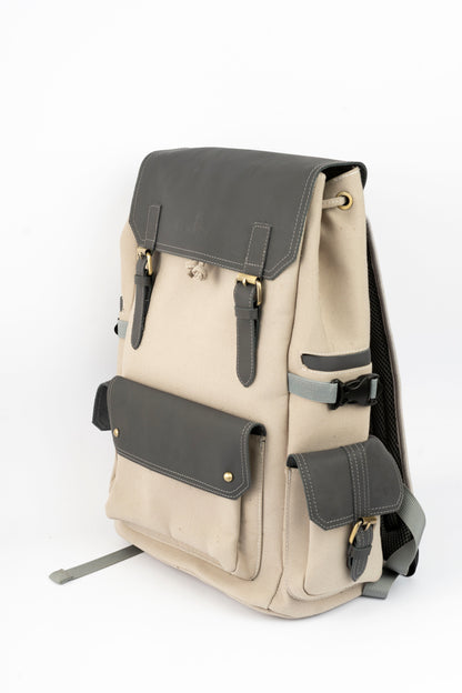 Daily Vintage Backpack ''100% Cotton canvas & Cow leather'' – White