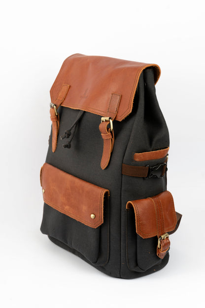 Daily Vintage Backpack ''100% Cotton canvas & Cow leather'' – Black