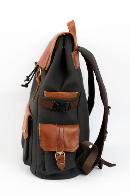 Daily Vintage Backpack ''100% Cotton canvas & Cow leather'' – Black
