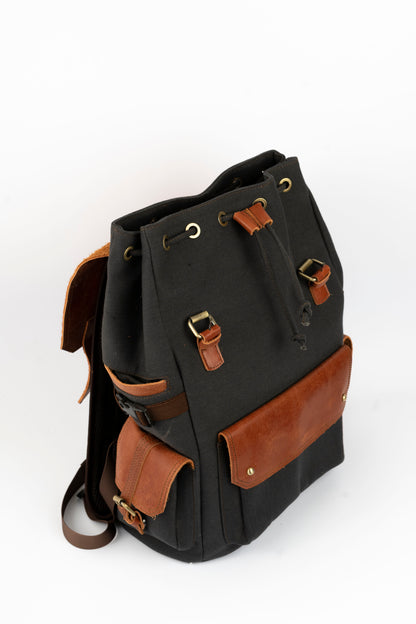 Daily Vintage Backpack ''100% Cotton canvas & Cow leather'' – Black