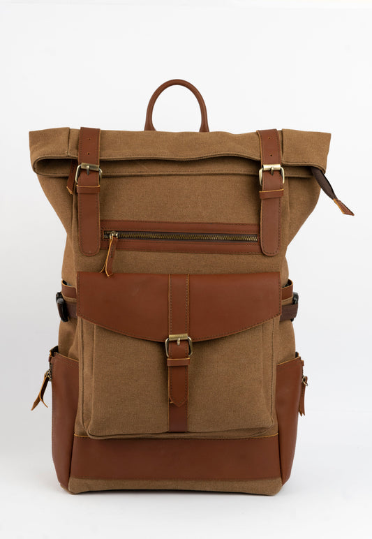 Rolltop vintage backpack''100% Cotton canvas & Cow leather'' – Tan