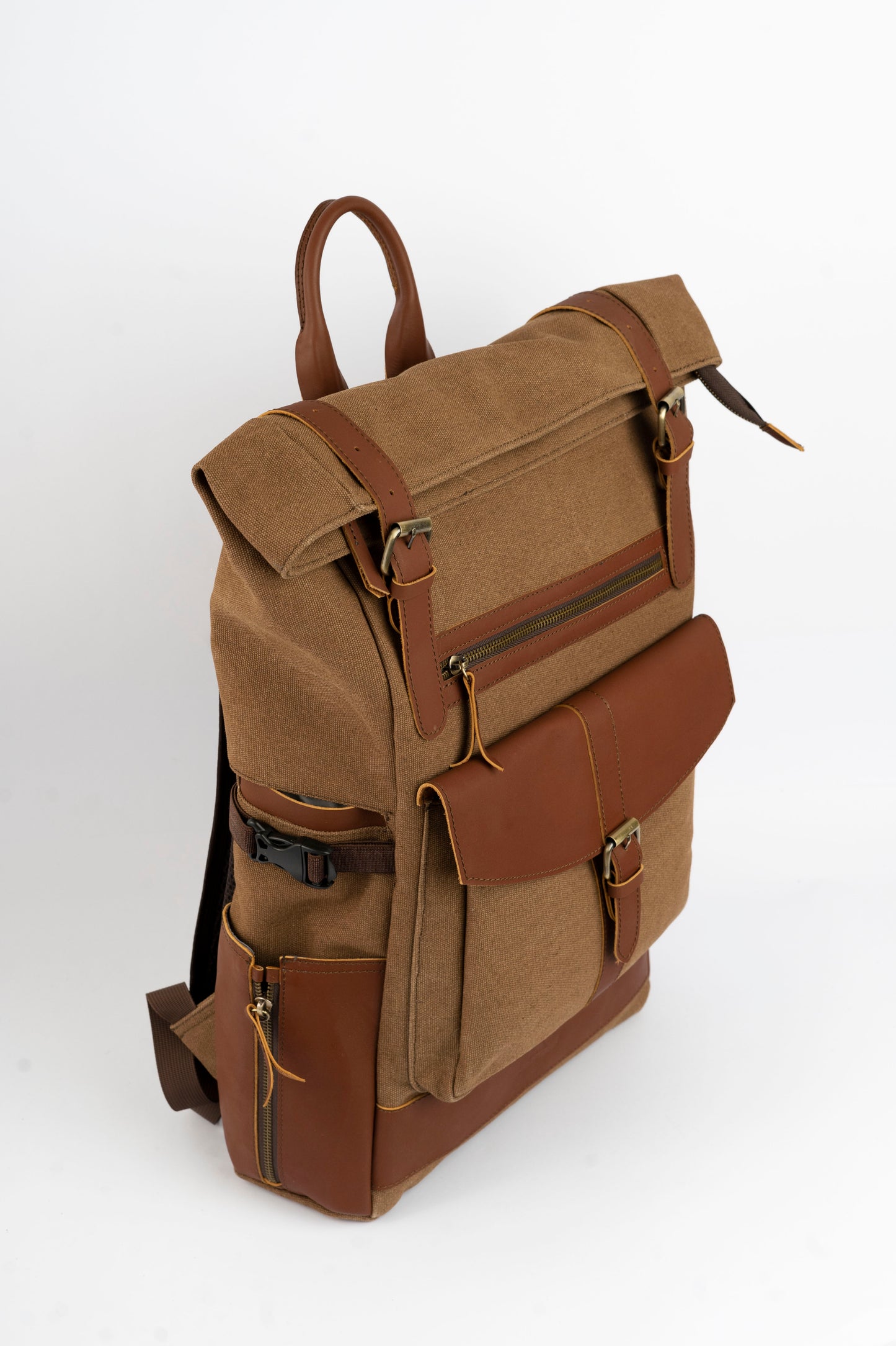 Rolltop vintage backpack''100% Cotton canvas & Cow leather'' – Tan